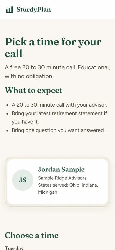 A booking page that lists what to expect on the call.