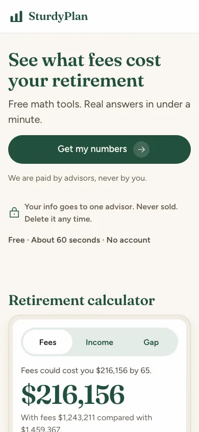 The calculator showing a fee cost of $216,156 by age 65.
