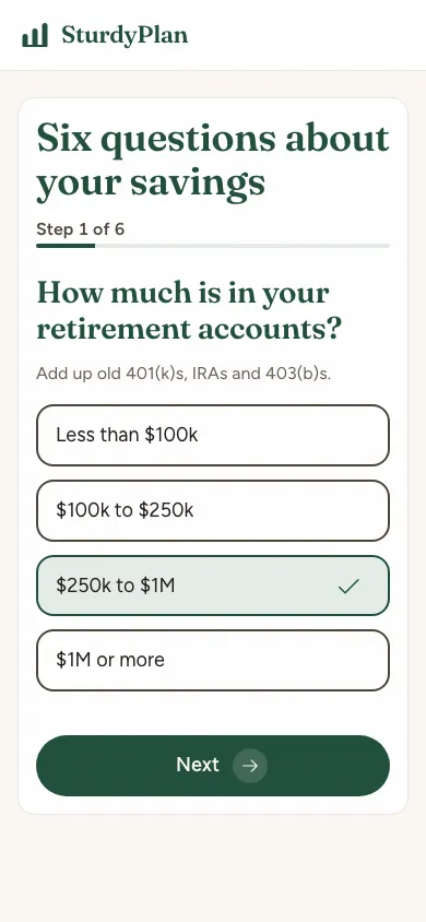 A quiz question about savings, with answer cards and one picked.