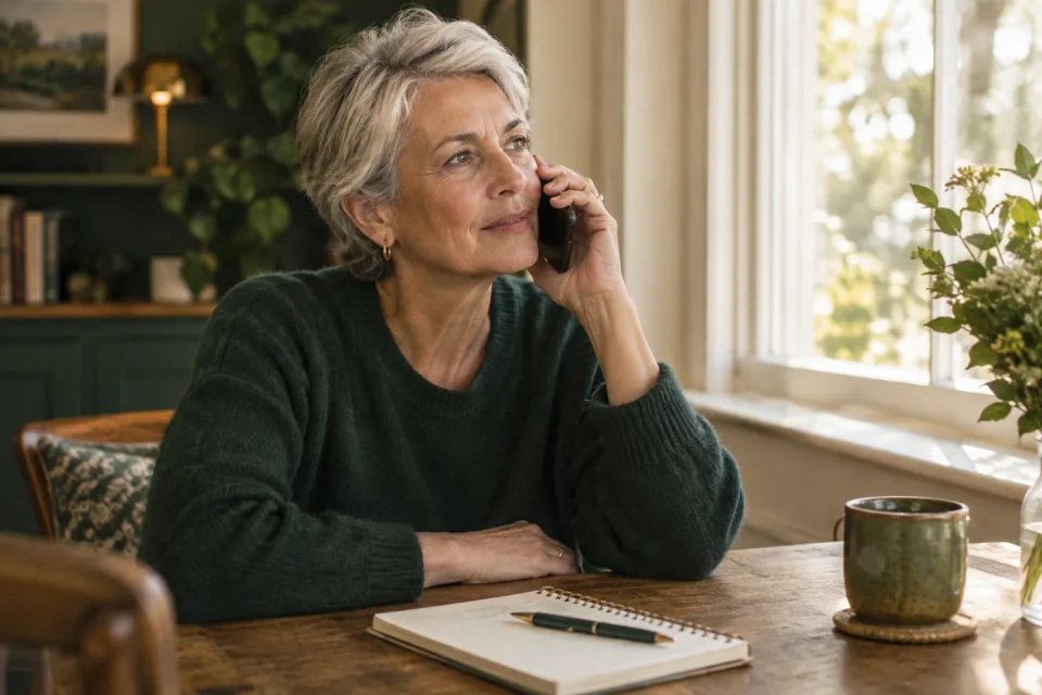 A woman with short grey hair takes a call at a window, a notebook and pen on the table.